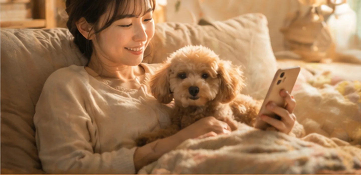 ベッドでくつろぎながら、トイプードルとスマートフォンを見る飼い主