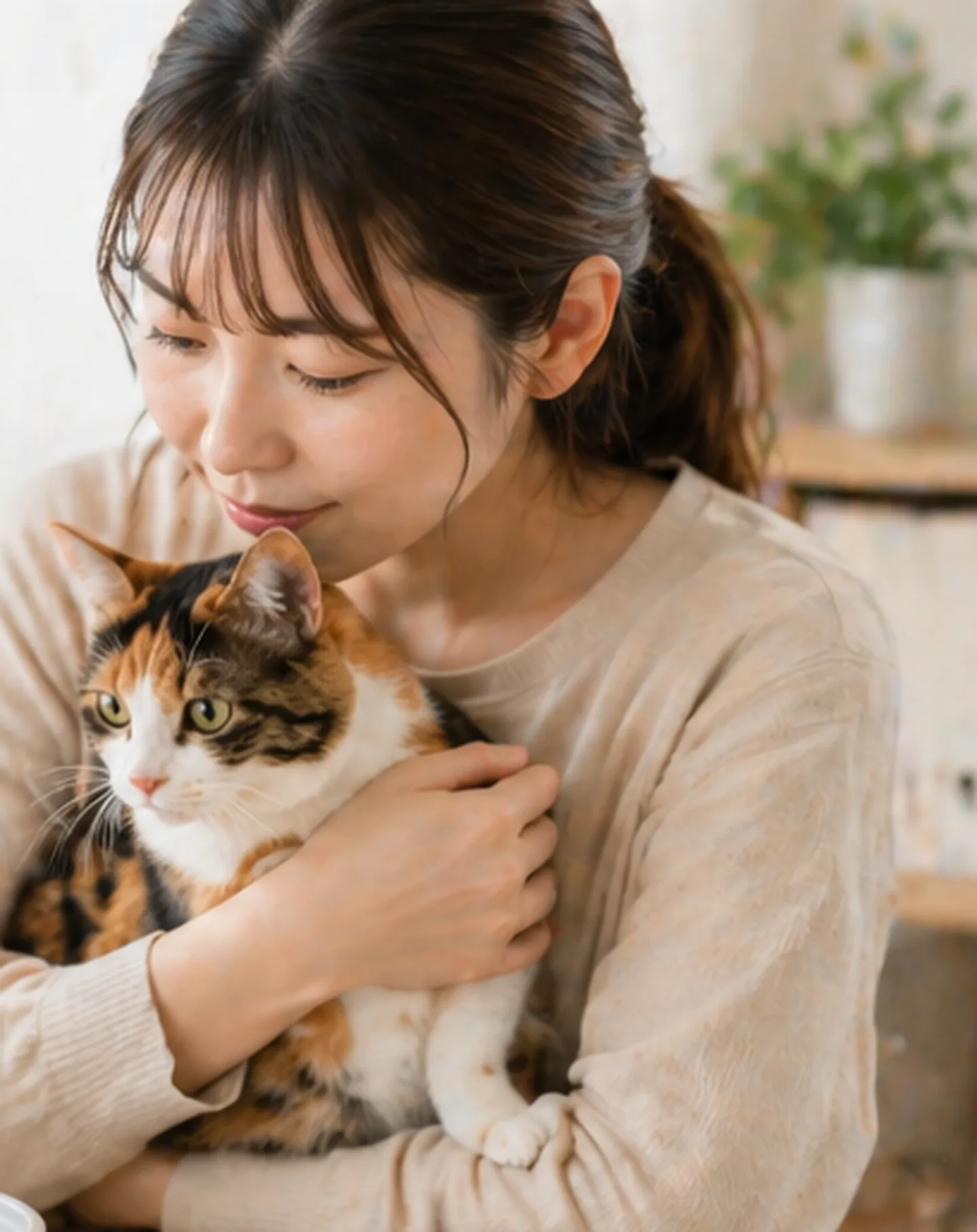 三毛猫をそっと抱きしめる飼い主