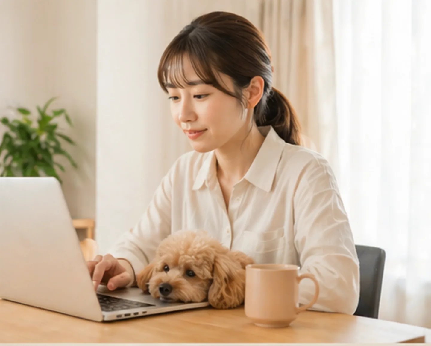 デスクでパソコンに向かう飼い主の腕もとで、静かに寄り添うトイプードル