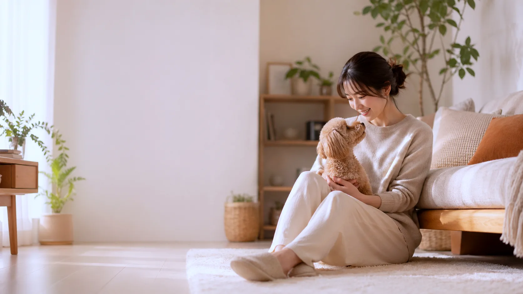 あたたかな朝のリビングで、トイプードルとそっと寄り添う飼い主