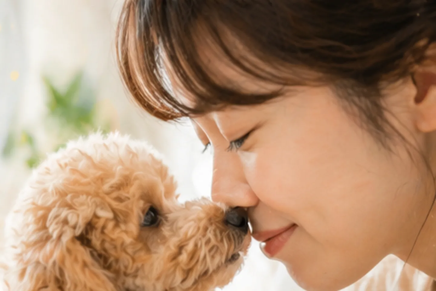 トイプードルと鼻を寄せ合い、目を細める飼い主