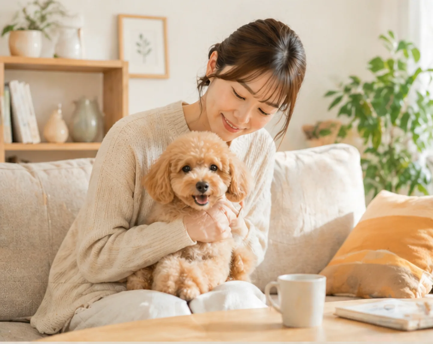 陽の差すリビングのソファで、トイプードルをそっと抱く飼い主