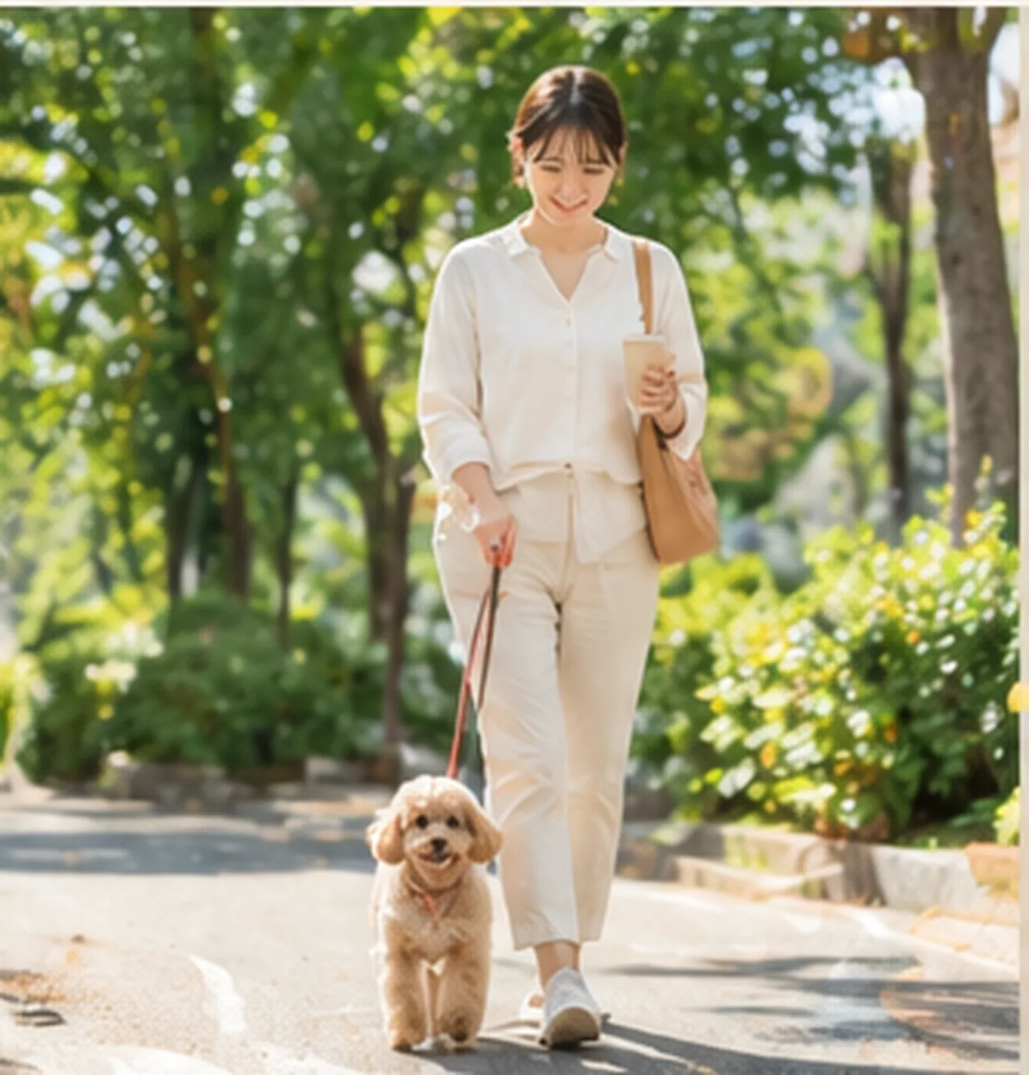 木漏れ日の道を、トイプードルと並んで歩く飼い主
